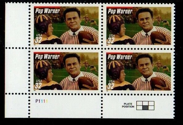 ALLY'S US Plate Block Scott #3149 32c Pop Warner - Red Bar [4] MNH F/VF STK