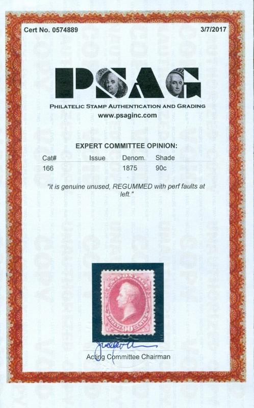 EDW1949SELL : USA 1875 Sc #166 Mint regummed Well centered PSAG Cert Cat $2,250.