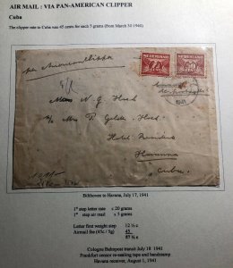 1941 Bilthoven Netherlands Censored Pan American Clipper Airmail Cover