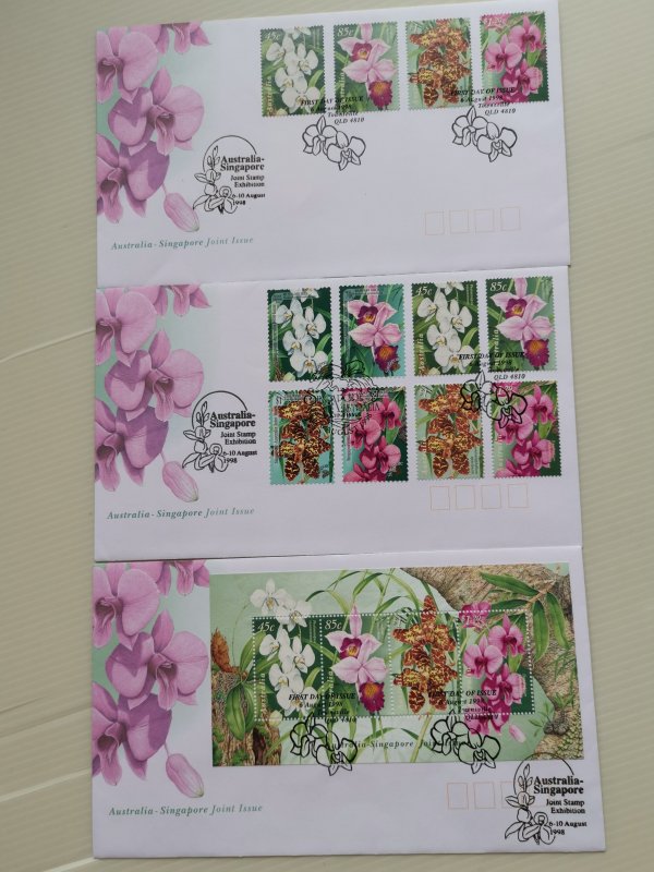 SINGAPORE 1998 THREE FDCs - ON FOUR NATIVE ORCHID SPECIES