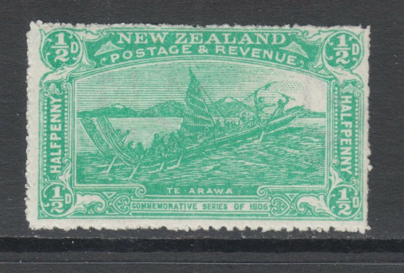 New Zealand Sc 122 MLH. 1906 ½p emerald Arrival of the Maoris, VLH & F-VF