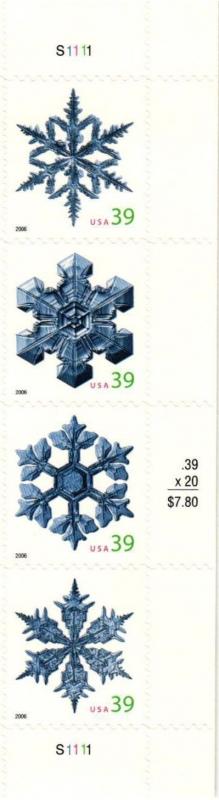 2006 39c Christmas Snowflakes, Strip of 4 Scott 4101-4104 Mint F/VF NH