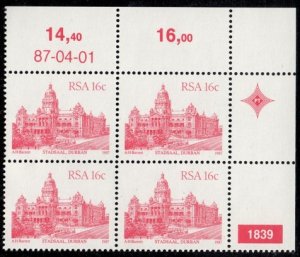 South Africa - 1982 Architecture 16c 1987.04.01 Plate Block MNH** SG 521a