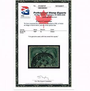 GENUINE CANADA SCOTT #52 USED PSE CERT 1897 2¢ GREEN JUBILEE ISSUE - ESTATE SALE