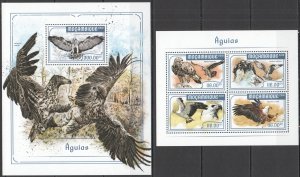 HM1234 2018 MOZAMBIQUE BIRDS OF PREY EAGLES FAUNA #9369-2+BL1314 MNH