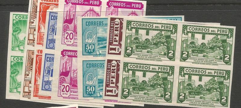 Peru 1938 SC 375-82 Rare Imperf Blocks of 4 MNH (2cso)