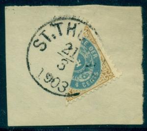 DANISH WEST INDIES #18a 4¢ bicolor, BISECTED on piece w/St. Thomas cancel