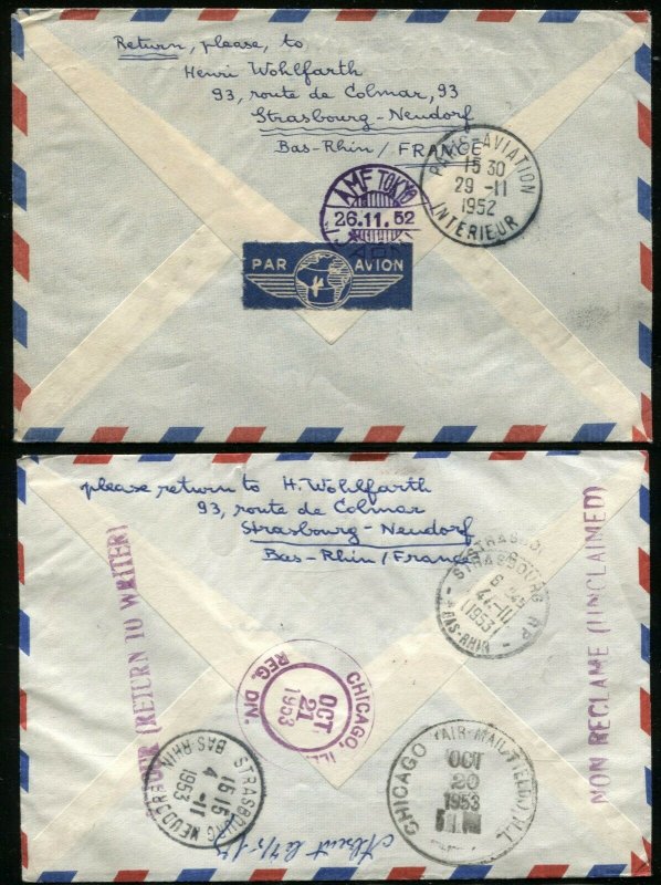 PARIS France FFC Airmail First Flight TOKYO CHICAGO Returned Cover Collection