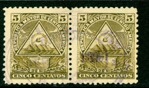Nicaragua 1898 Seebeck Coat of Arms 5¢ Unwmk Pair VFU B651