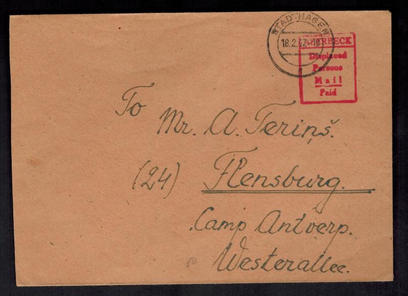 1947 Meerbeck Stadthagen Germany Displaced Person DP Camp Cover to Flensburg