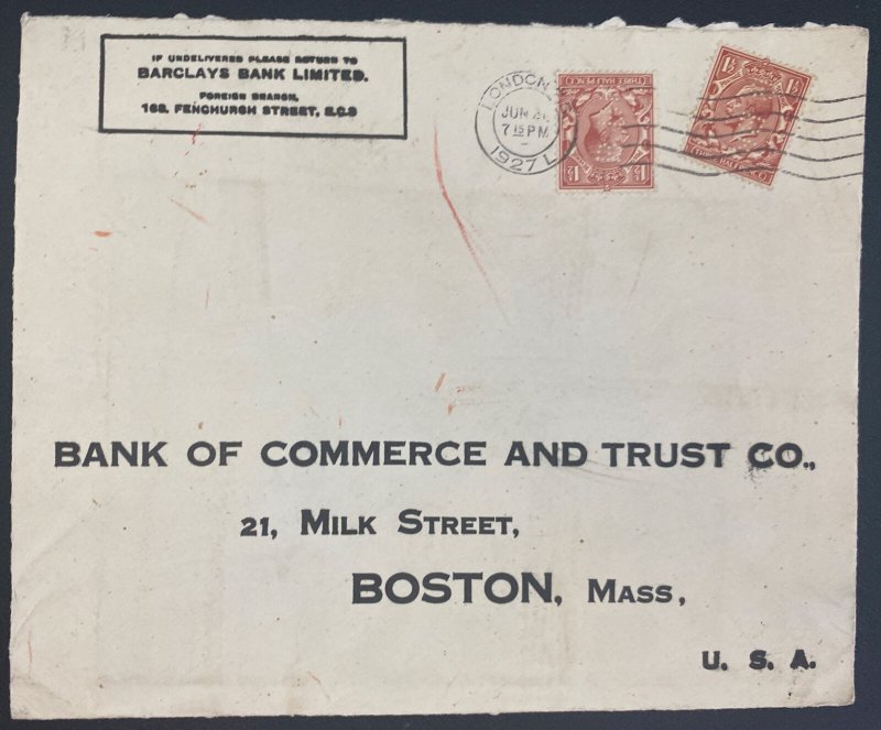 1927 London England Barkley’s Bank Commercial Cover To Boston MA Usa