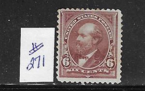 US #271 1895 GARFIELD 6 CENTS (DULL BROWN)- WMK 191 -MINT HINGED