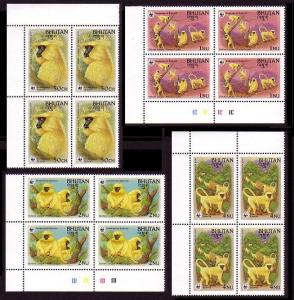 Bhutan WWF Golden Langur 4 Corner Blocks with margins SG#521/24 SC#413-16