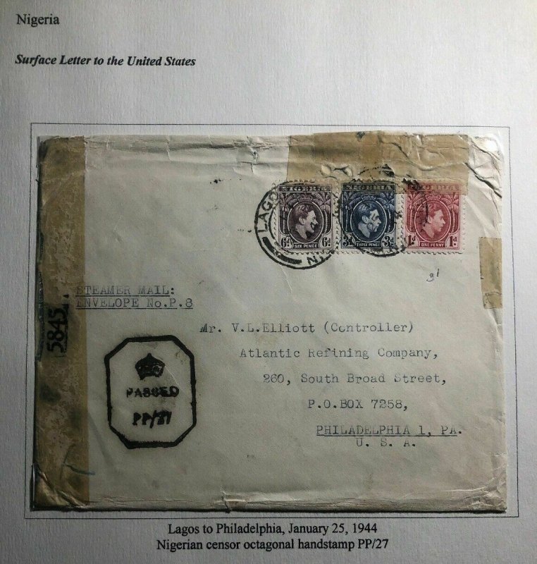 1944 Lagos Nigeria Censored Cover To Atlantic Refining Co Philadelphia Pa USA