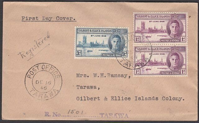 GILBERT & ELLICE IS 1946 Victory FDC registered ex Tarawa...................Q247