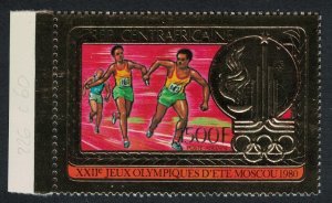 Central African Rep. Relay Moscow Olympic Games 1500 Fr on Gold Foil 1980