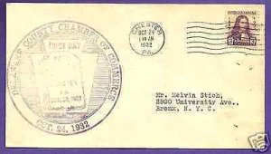 724  WILLIAM PENN 3c 1932, CHESTER, PA., FIRST DAY COVER.