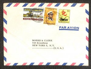 CONGO 336 393 & 462 STAMPS MARKS & CLERK LEOPOLDVILLE NY AIRMAIL COVER 1965