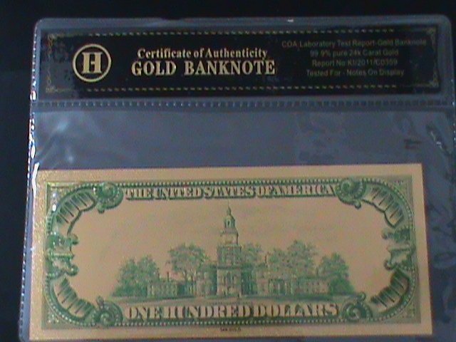 ​UNITED STATES-1928 CAT.#403- 24 KARAT GOLD REPLICA $100  VF WITH CERTIFICATE