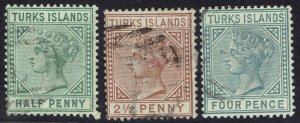 TURKS ISLANDS 1882 QV ½D 2½D AND 4D WMK CROWN CA USED