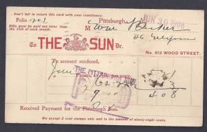 1908 POSTAL CARD PITTSBURGH PA, THE SUN  RECORD OF PAYMENT