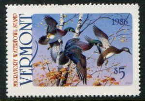 VT1 US $5 Vermont 1986 Migratory Waterfowl Stamp, MNH