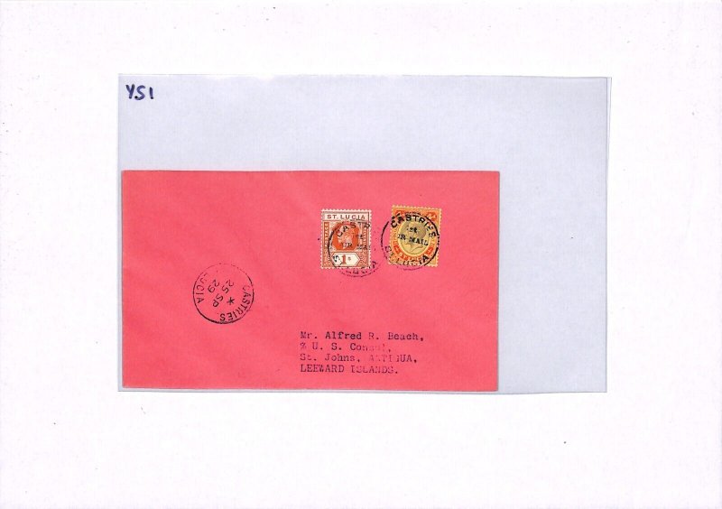 ST LUCIA Air Mail KGV Cover 1929 FIRST FLIGHT St.Johns *ANTIGUA* {samwells}YS1