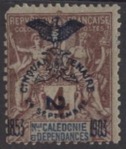 New Caledonia 82 (unused, adhesions) 2c on 4c clar on lav paper (1903)