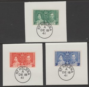 St HELENA 1937 CORONATION set of 3 on pieces with MADAME JOSEPH  POSTMARK