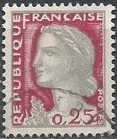 France 968 (used) 25c Marianne, lake & gray (1960)