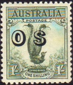 Australia 1932 Sc#O14, SG#O136 1 Shilling Green Lyre Bird Optd OS MINT-XF