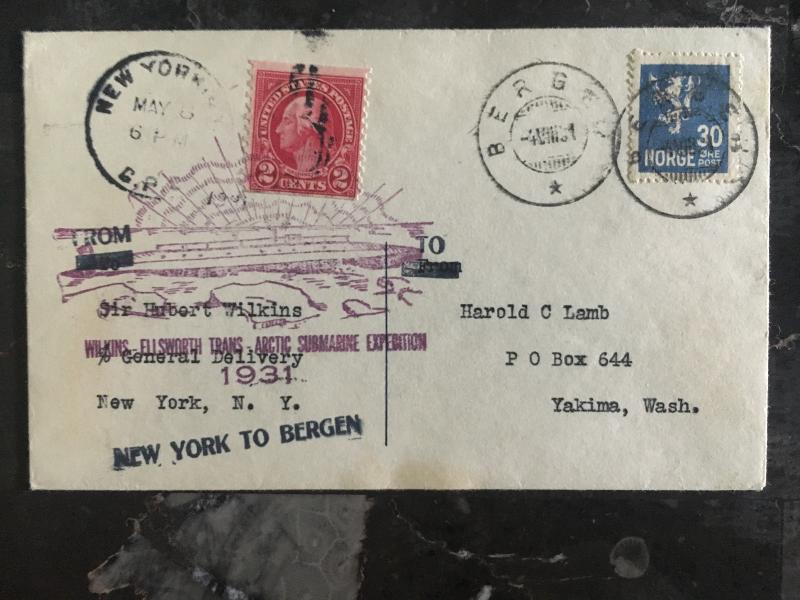 1931 Bergen Norway USA Hubert Wilkins Submarine North Pole Expedition Cover