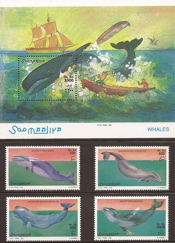 Somalia 1999 Whales 4 Stamp Set + Souvenir Sheet 27A-007