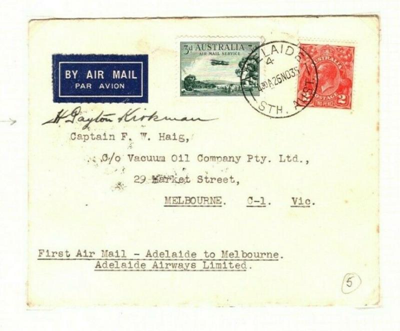 AUSTRALIA Air Mail Pilot Signed First Flight Adelaide Melbourne 1935 PA3