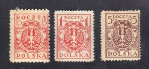 POLAND SC # 98,103,108 MH 15f,1m,5m 1919-20 EAGLE & FASCES