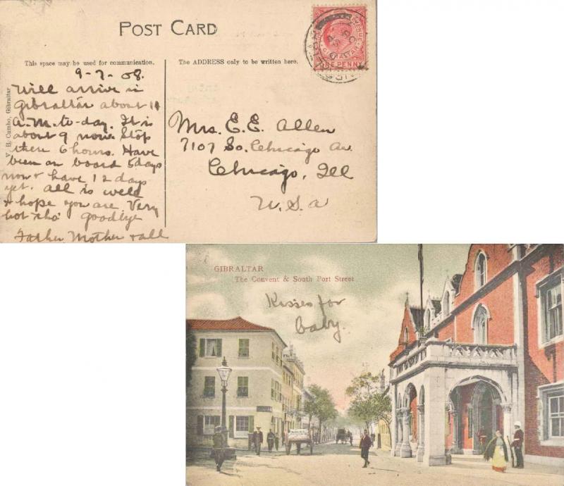 Gibraltar 1d KEVII 1908 Gibraltar, 25 PPC (The Convent & South Port Street) t...