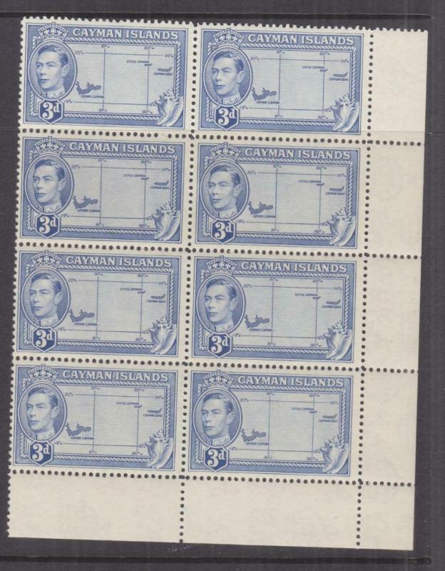 CAYMAN ISLANDS, 1947 KGVI 3d. Blue, corner block of 8, mnh.