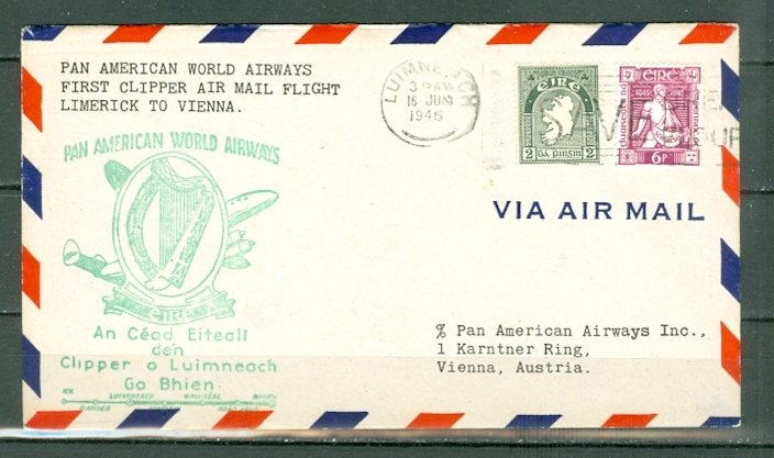 IRELAND 1946 CLIPPER FIRST FLIGHT AIR COVER TO AUSTRIA