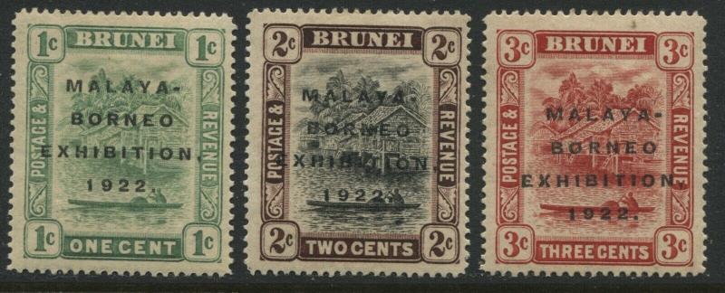 Brunei 1922 overprints Malaya Borneo Exhibition 1 cent to 3 cents mint toned