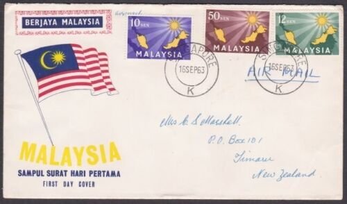 MALAYSIA USED IN SINGAPORE 1963 Federation FDC to New Zealand...............x562 