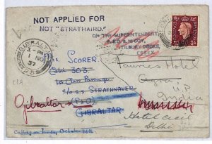 GB Cover RETOUR GIBRALTAR *SS STATHAIRD* ADEN Plymouth PAQUEBOT 1937 India YW54