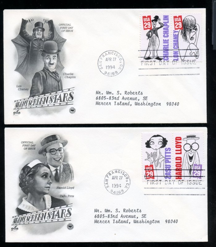 US 2819-2828 Silent Screen Stars set of 5 Addr Artcraft/PCS cachet FDC