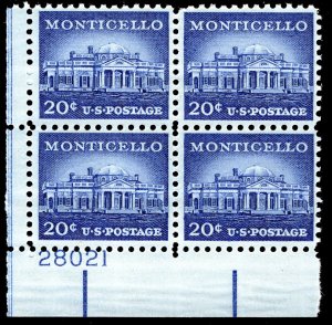 US #1047 PLATE BLOCK, VF/XF mint never hinged, 20c Monticello, post office fr...