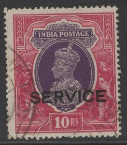 INDIA SGO138 1939 10r PURPLE & CLARET USED WEAK CORNER