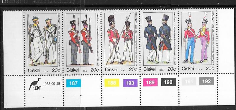 South  Africa -Ciskei #63 20c Uniforms strip of 5 (MNH) CV $2.25