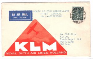 GB KGV Air Mail 1934 Cover Super *KLM Label* FIRST FLIGHT Hull-Rotterdam MA667