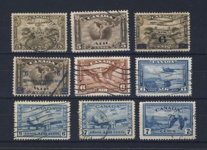 9x Canada Air Mail Used Stamps #C1 to C9 Most VF Guide Value = $63.00