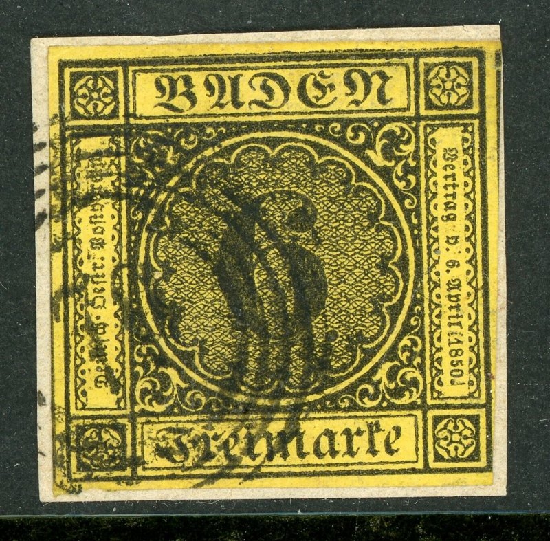 Germany States 1853 Baden 6 Kr Black/Yellow  Scott #9 VFU G413