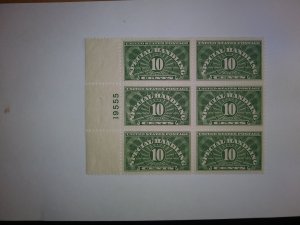 SCOTT #QE1 PLATE BLOCK OF 6 TEN CENT SPECIAL HANDLING MINT NEVER HINGED