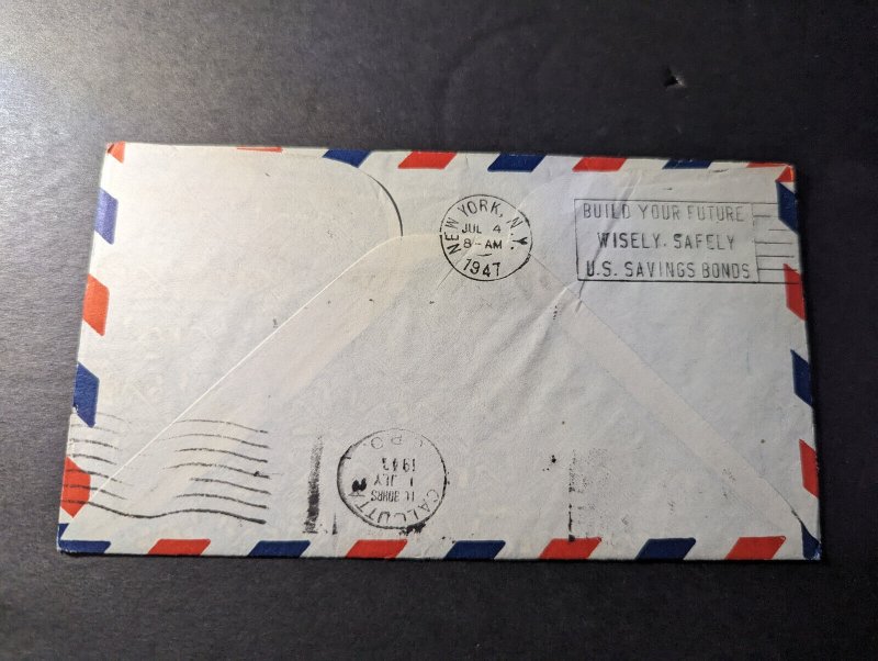 1947 USA Airmail FAM 18 First Flight Cover FFC New York NY to Calcutta India